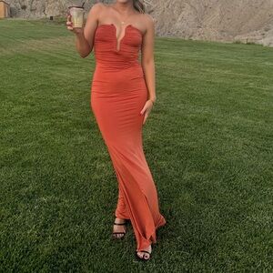 Oh Polly Slinky Jersey Hardware Detail Strapless Maxi Dress in Burnt Orange